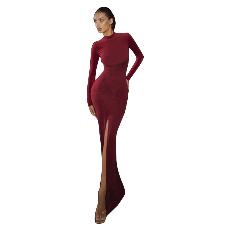 Long-Sleeve Bodycon Maxi Dress with Ruched Waist and High Slit