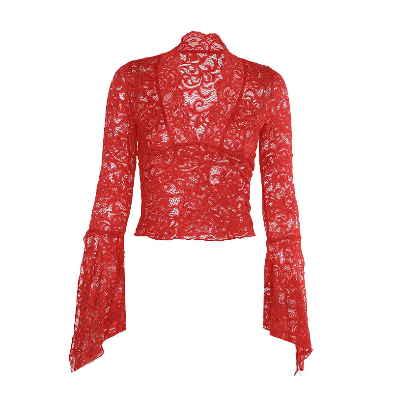 Cropped Jacquard Lace Top with V-Neck and Flare Sleeves