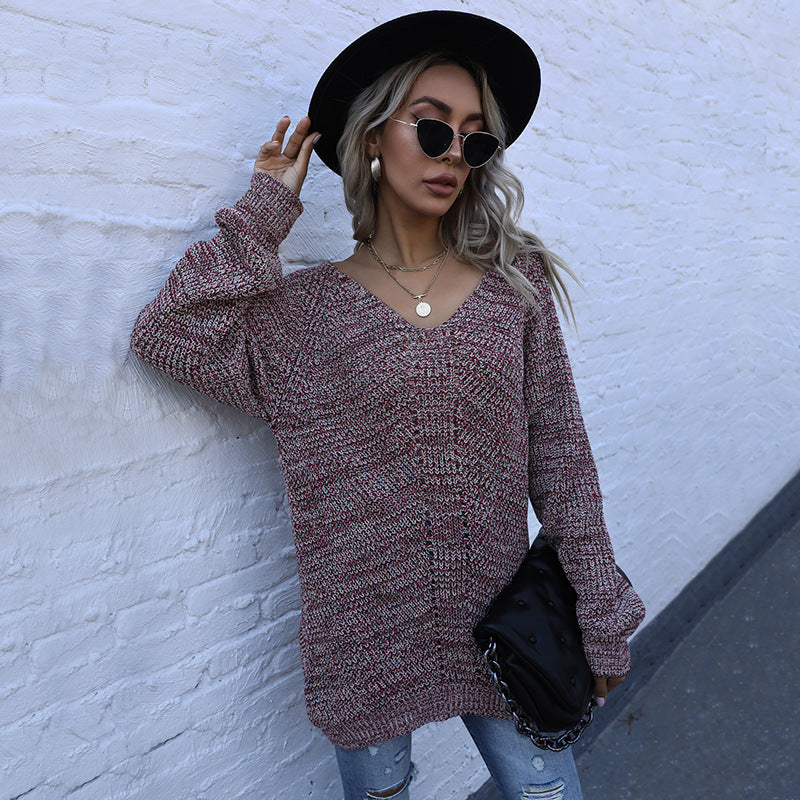 Oversized Marled Knit Tunic Sweater with V-Neck