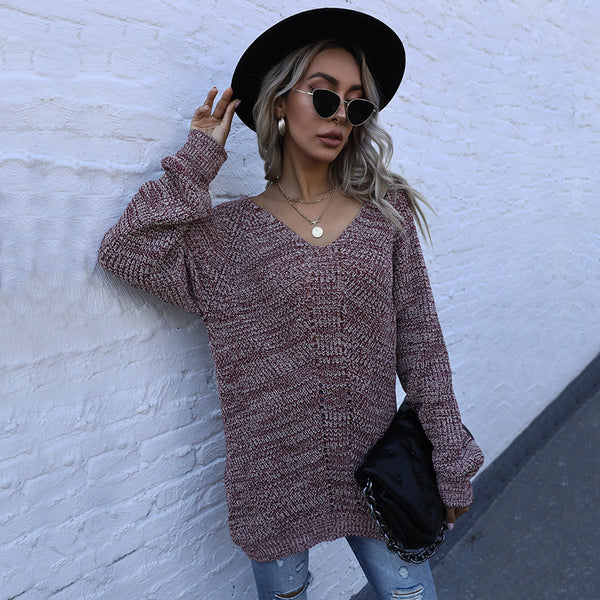 Oversized Marled Knit Tunic Sweater with V-Neck