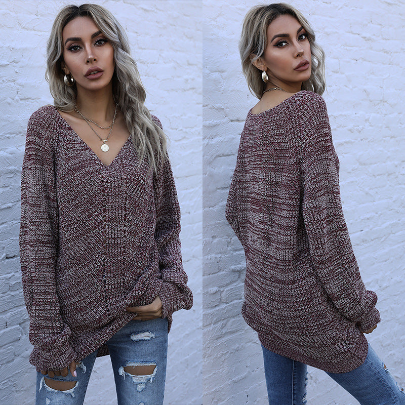 Oversized Marled Knit Tunic Sweater with V-Neck