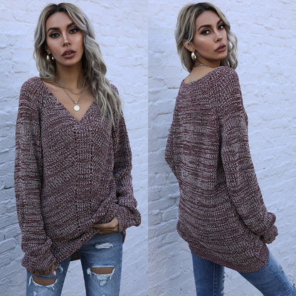 Oversized Marled Knit Tunic Sweater with V-Neck