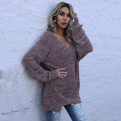 Oversized Marled Knit Tunic Sweater with V-Neck