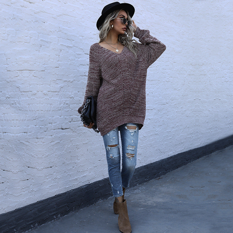 Oversized Marled Knit Tunic Sweater with V-Neck
