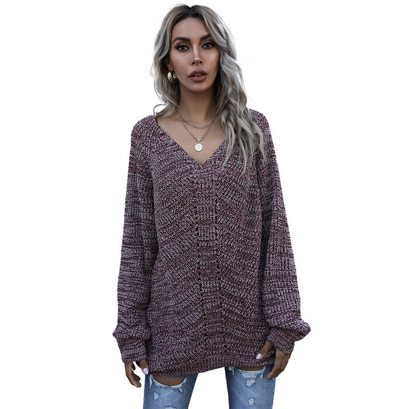 Oversized Marled Knit Tunic Sweater with V-Neck