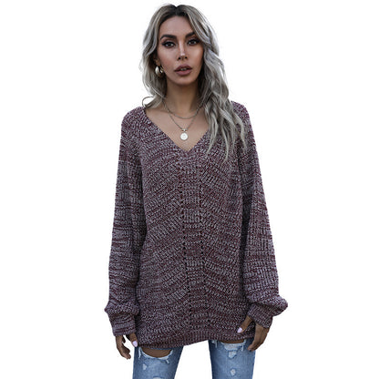 Oversized Marled Knit Tunic Sweater with V-Neck