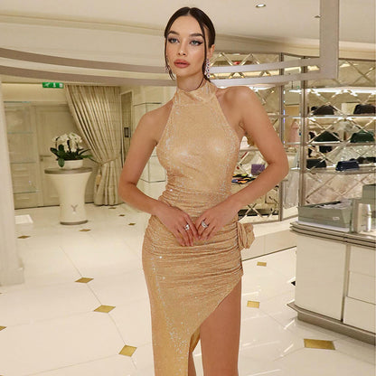 Shimmering Bodycon Midi Dress with Halter Neck and High Slit