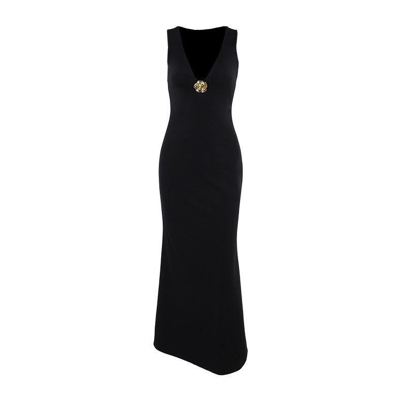 Elegant Slim Fit Deep V Dress Black