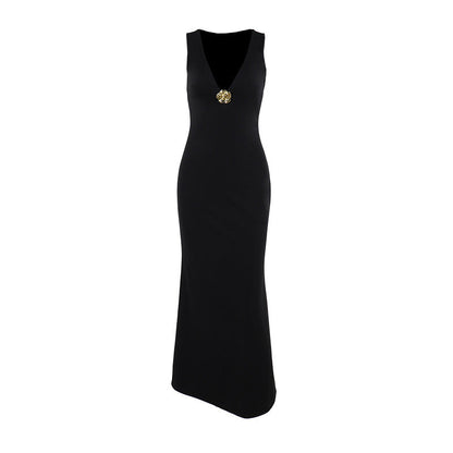 Elegant Slim Fit Deep V Dress Black