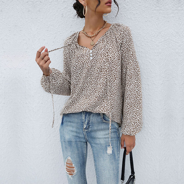 Leopard Print Blouse with Drawstring V-Neck and Balloon Sleeves