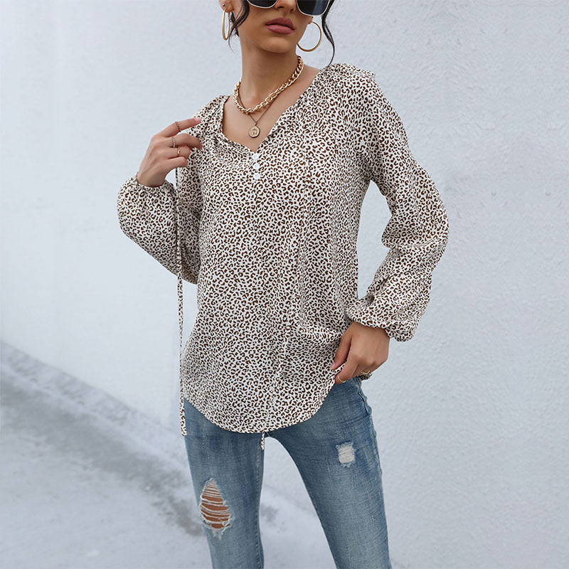 Leopard Print Blouse with Drawstring V-Neck and Balloon Sleeves