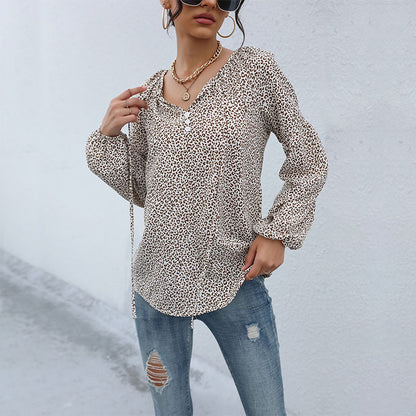 Leopard Print Blouse with Drawstring V-Neck and Balloon Sleeves