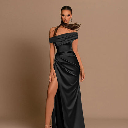 Elegant Off-Shoulder Split Dress Mercerized Fabric