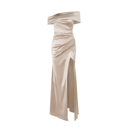 Elegant Off-Shoulder Split Dress Mercerized Fabric