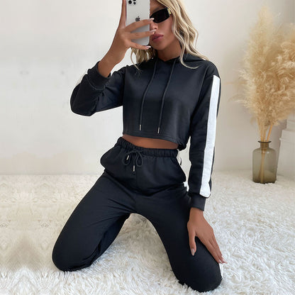 Cropped Hoodie and Trousers Set with Contrast Side Stripes