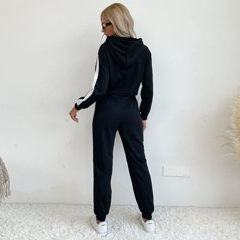Cropped Hoodie and Trousers Set with Contrast Side Stripes