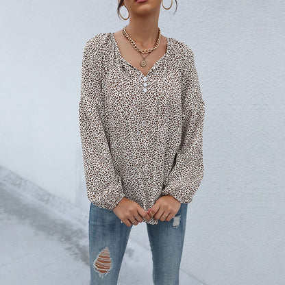 Leopard Print Blouse with Drawstring V-Neck and Balloon Sleeves