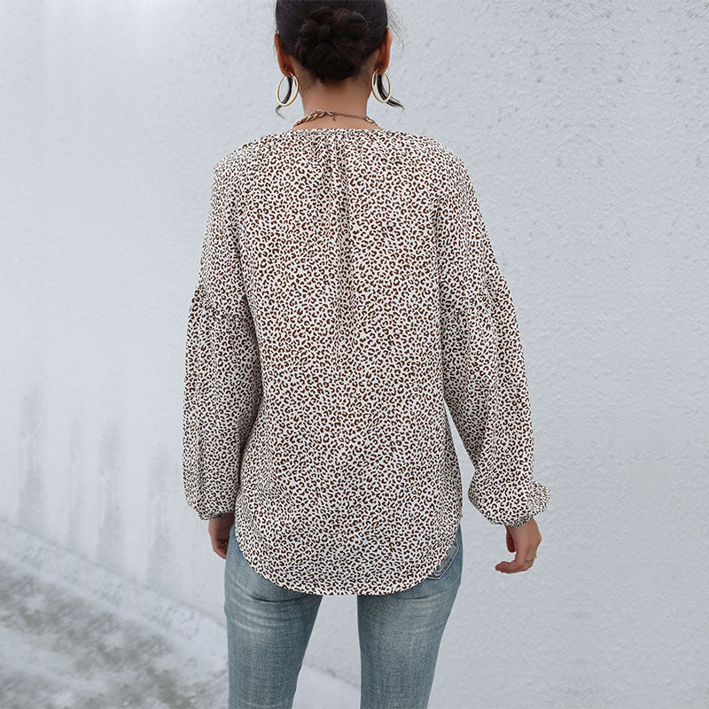 Leopard Print Blouse with Drawstring V-Neck and Balloon Sleeves
