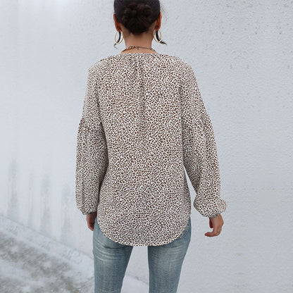 Leopard Print Blouse with Drawstring V-Neck and Balloon Sleeves