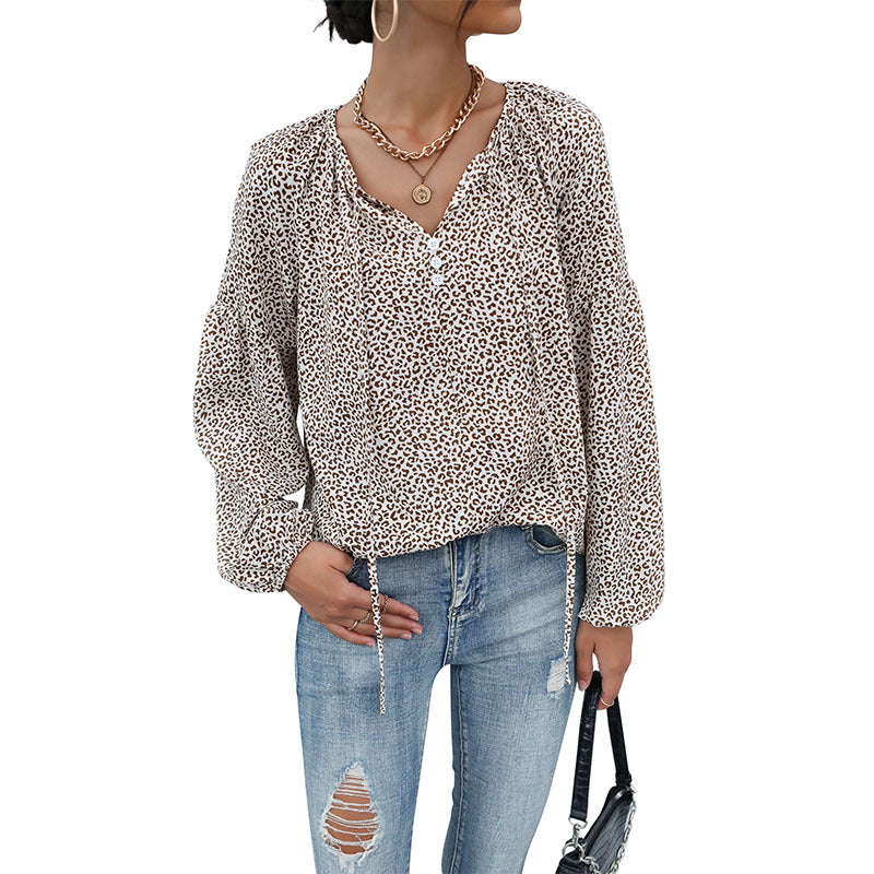 Leopard Print Blouse with Drawstring V-Neck and Balloon Sleeves