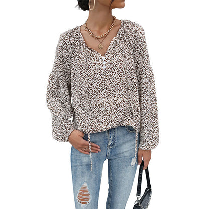 Leopard Print Blouse with Drawstring V-Neck and Balloon Sleeves