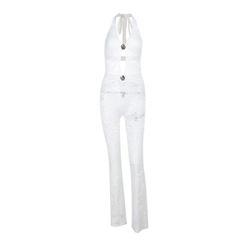 Lace Bodycon Jumpsuit with Halterneck and Cut-Out Detail