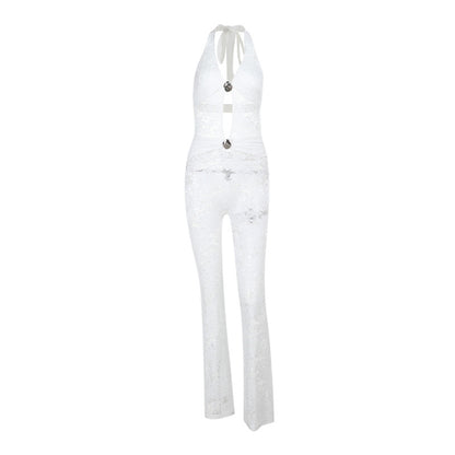 Lace Bodycon Jumpsuit with Halterneck and Cut-Out Detail
