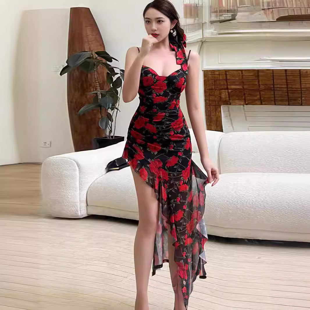 Floral Bodycon Dress with Ruffled Asymmetrical Hem