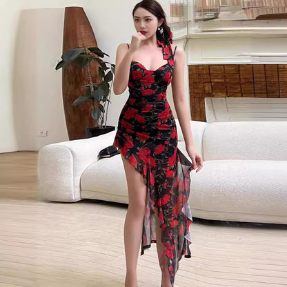 Floral Bodycon Dress with Ruffled Asymmetrical Hem