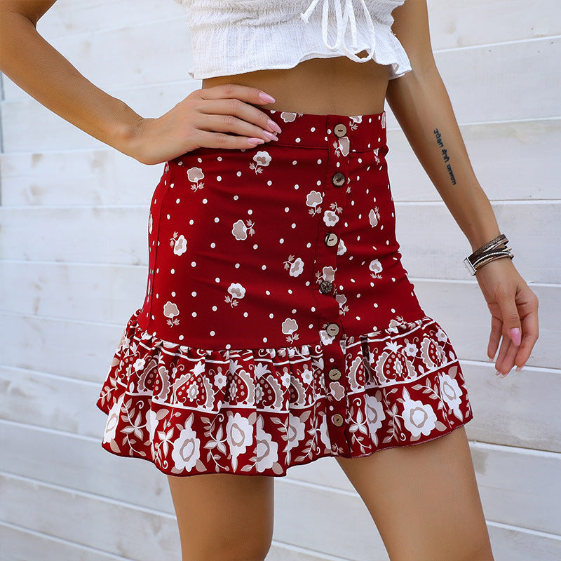 Floral Print Bodycon Mini Skirt with Button Front and Ruffled Hem