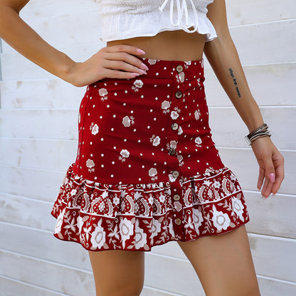 Floral Print Bodycon Mini Skirt with Button Front and Ruffled Hem