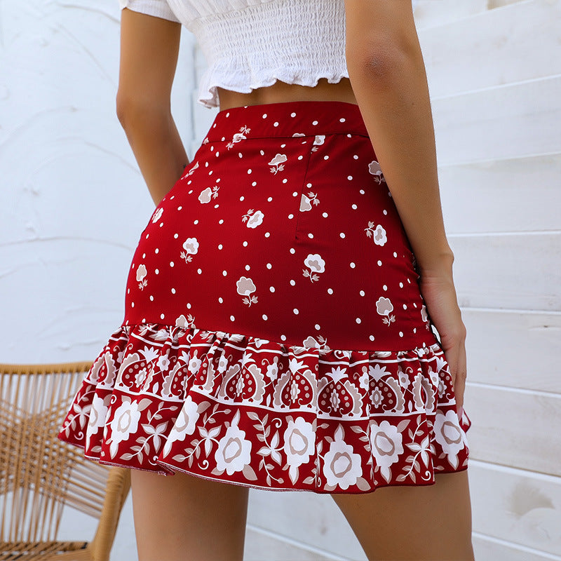 Floral Print Bodycon Mini Skirt with Button Front and Ruffled Hem