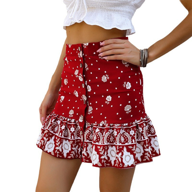 Floral Print Bodycon Mini Skirt with Button Front and Ruffled Hem