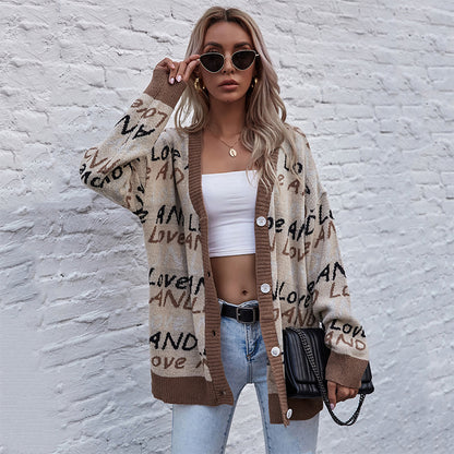 Oversized Letter Print Knit Cardigan with Button Front