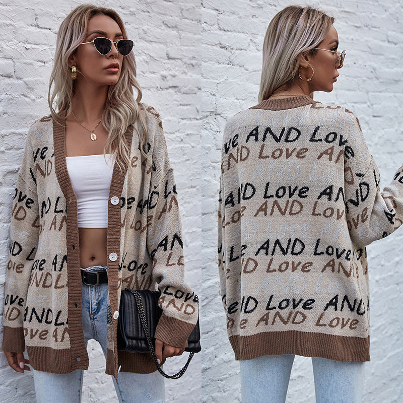 Oversized Letter Print Knit Cardigan with Button Front