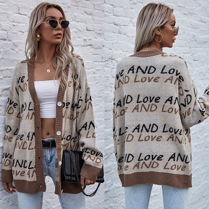 Oversized Letter Print Knit Cardigan with Button Front