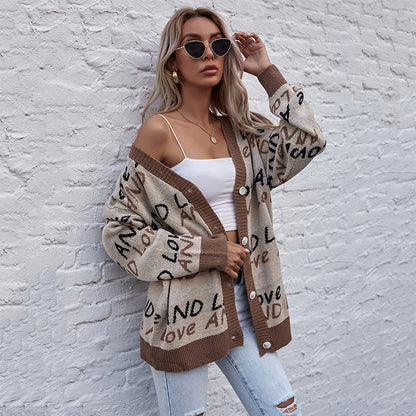 Oversized Letter Print Knit Cardigan with Button Front