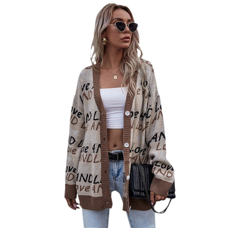 Oversized Letter Print Knit Cardigan with Button Front