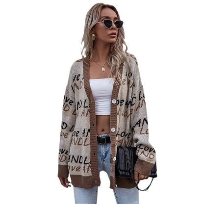 Oversized Letter Print Knit Cardigan with Button Front