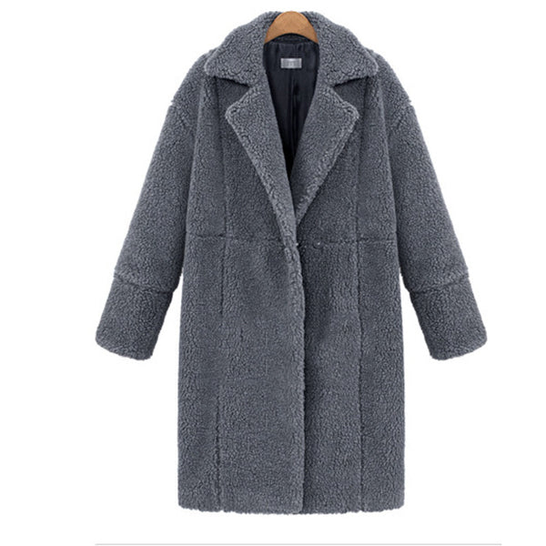 Loose-Fit Mid-Length Teddy Coat with Lapel Collar