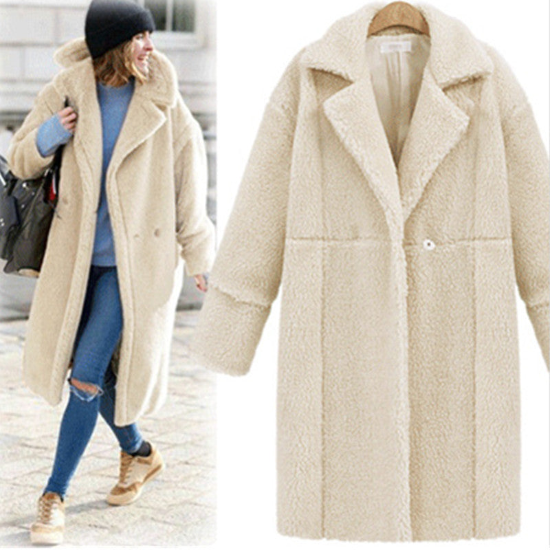 Loose-Fit Mid-Length Teddy Coat with Lapel Collar