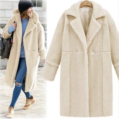 Loose-Fit Mid-Length Teddy Coat with Lapel Collar
