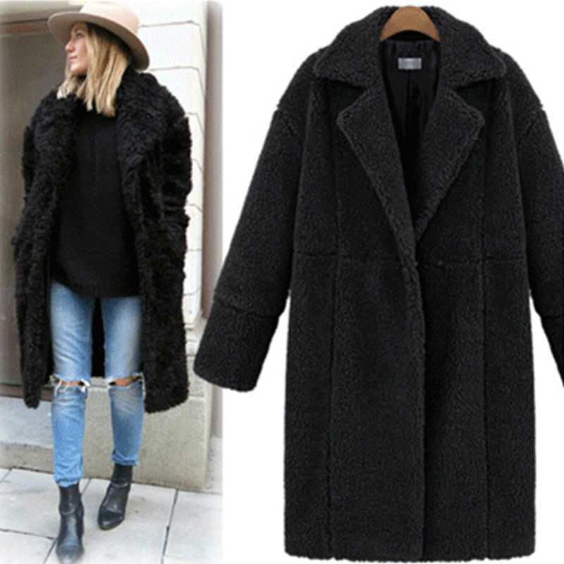 Loose-Fit Mid-Length Teddy Coat with Lapel Collar