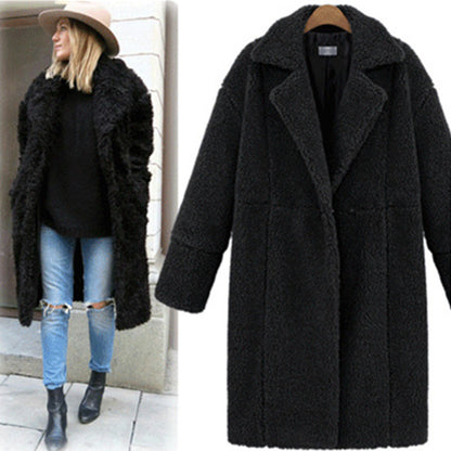 Loose-Fit Mid-Length Teddy Coat with Lapel Collar