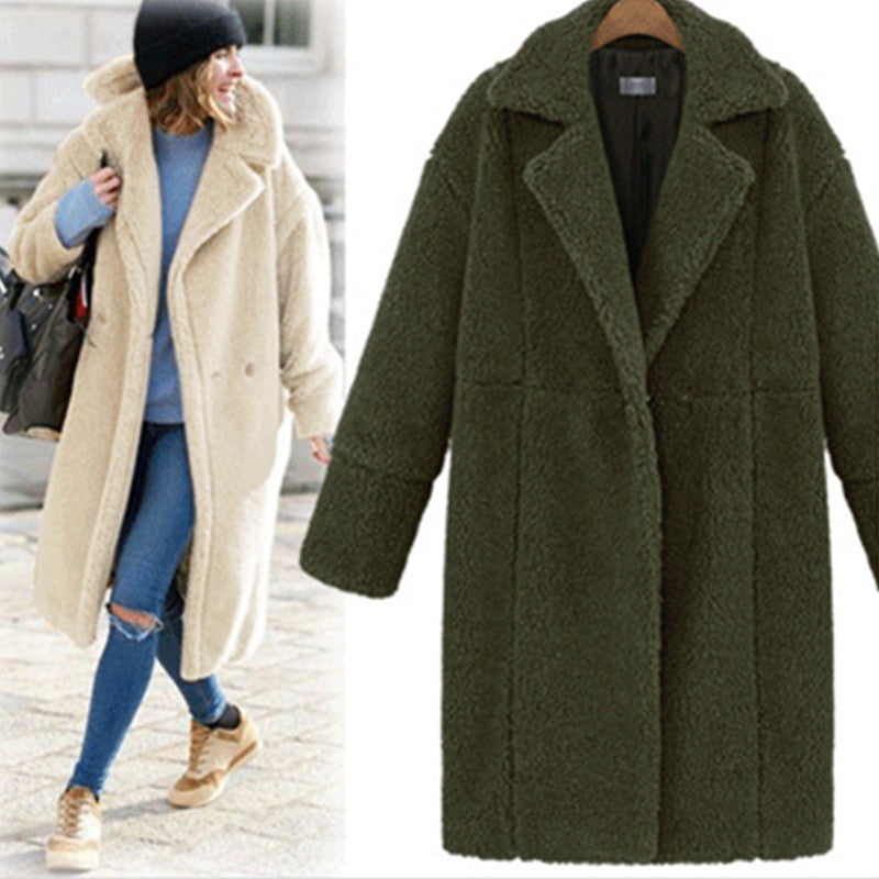 Loose-Fit Mid-Length Teddy Coat with Lapel Collar