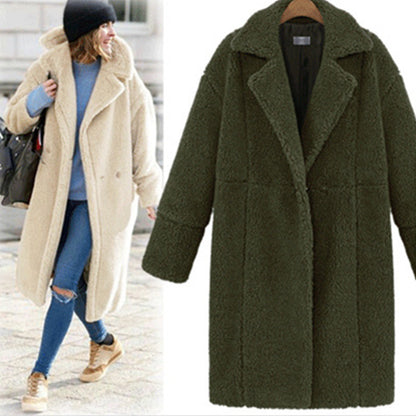 Loose-Fit Mid-Length Teddy Coat with Lapel Collar