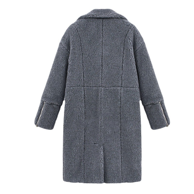 Loose-Fit Mid-Length Teddy Coat with Lapel Collar