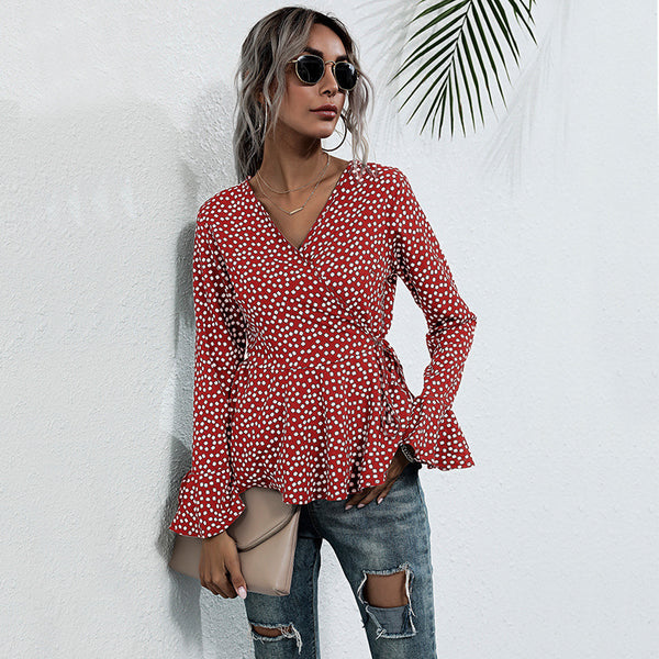 Polka Dot Wrap Top with Bell Sleeves and Peplum Hem