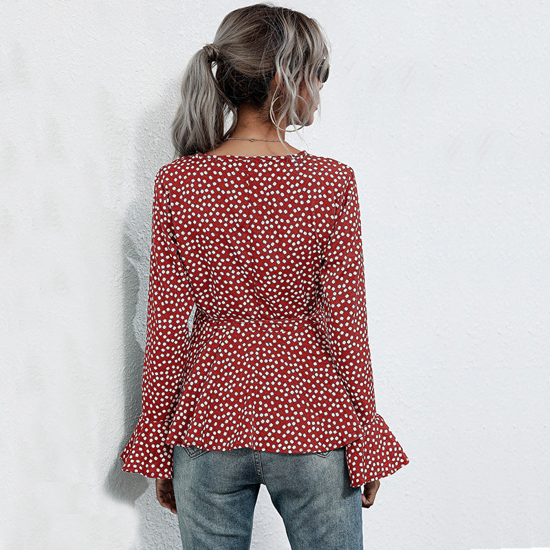 Polka Dot Wrap Top with Bell Sleeves and Peplum Hem