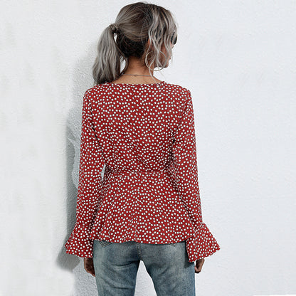 Polka Dot Wrap Top with Bell Sleeves and Peplum Hem